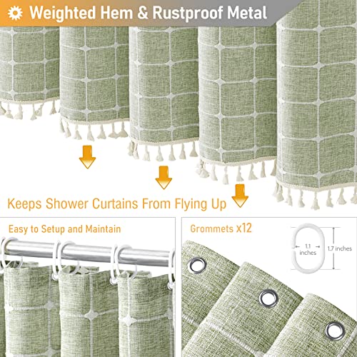 BTTN Extra Long Shower Curtain - 72x90 Inch Long Boho Tassel Linen Fabric Shower Curtain Set with 12 Plastic Hooks, Modern Farmhouse Elegant Heavy Duty Cloth Shower Curtains for Bathroom - Sage Green - color: A - Sage Green, size: 72"W x 90"L (Pack of 1)
