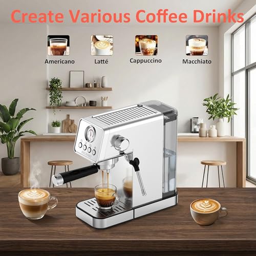 AYCHIRO 20 Bar Semi-Automatic Espresso Machine, Adjustable Espresso Machine with Pressure Gauge, Compact Espresso Maker with Steam Wand, Cup Warmer for Home & Office - color: Stainless Steel