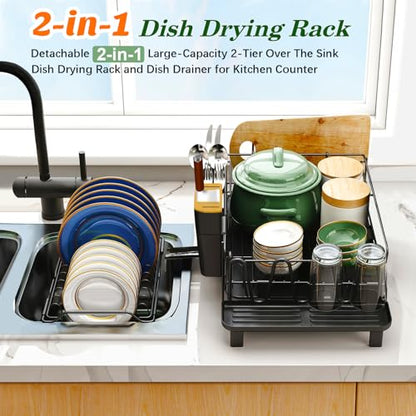 Runnatal Large Dish Drying Rack with Drainboard Set, Stainless Steel Detachable 2-in-1 Large-Capacity 2-Tier Over The Sink Anti-Rust Dish Rack and Dish Drainer for Kitchen Counter - size: 2-Tier