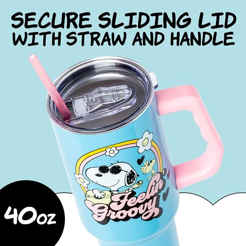Silver Buffalo Peanuts Featuring Snoopy and Woodstock Feelin' Groovy Double Walled Stainless Steel Tumbler with Handle and Straw, Fits in Standard Cup Holder, 40 Ounces - color: Peanuts Feeling Groovy