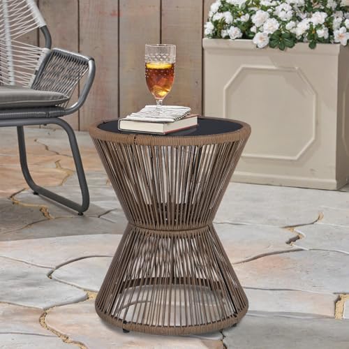 SUNNYPARK Outdoor Side Table 20'' H Small End Tables Woven Rope Weather Resistant with Glass Top Round Coffee Table for Indoor Balcony Patio Poolside (Brown) - color: Brown