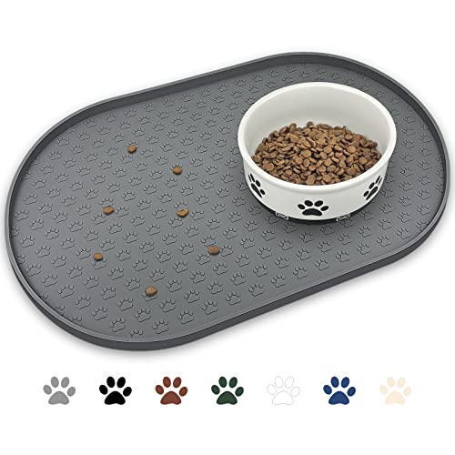 KPWACD Pet Feeding Mat for Dogs and Cats, Silicone Dog Placemat Non-Slip Waterproof Bowl Mats Prevent Food and Water Overflow, High-Lips Puppy Dish Tray Mat Suitable for Large Medium Small Pets, Grey - color: Grey, size: 19"L x 12"W
