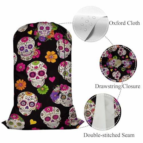 Swono Sugar Skull Drawstring Closure Dirty Clothes Bag Organizer, Heavy Duty Large Laundry Bag, Day Of The Dead Mexican Skeleton Floral Rip-Stop Bags for Camp Travel, Machine Washable, Spooky - color: Sugar Skull