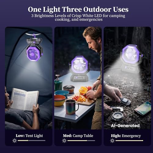 AJVV Camping Fan with Light, Remote and Oscillation, Battery Powered Hanging Tent Fan, Rechargeable Portable for Camp, Outdoor, Emergencies, Fishing, RV Travel, Jobsite - color: Purple