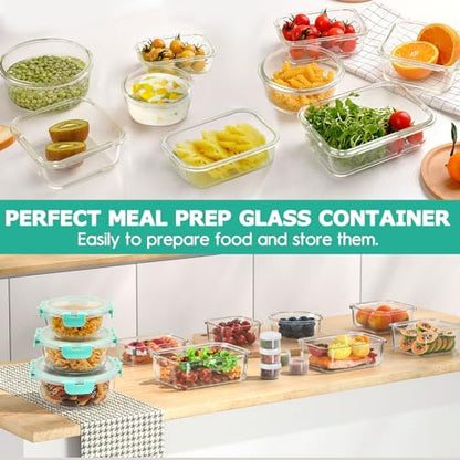 34pcs Glass Food Storage Containers with Lids Set, Airtight Glass Meal Prep Containers (17 Containers & 17 Lids), Leak Proof Lunch Container BPA-Free, Microwave, Oven, Freezer, Dishwasher Safe-Green - color: Green