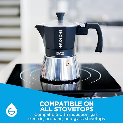 GROSCHE Milano Induction Stovetop Espresso Maker Moka Pot for Greca, Induction, Electric & Gas Stoves, Dishwasher Safe Stovetop Espresso Maker | 3 Espresso Cup, Black - color: Induction, Black, size: 3 espresso cups