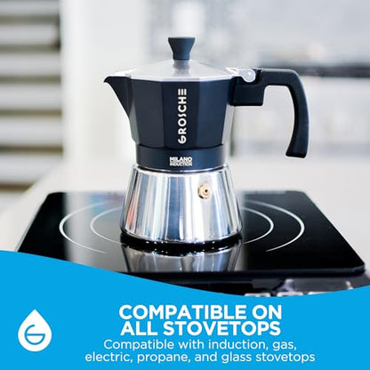 GROSCHE Milano Induction Stovetop Espresso Maker Moka Pot for Greca, Induction, Electric & Gas Stoves, Dishwasher Safe Stovetop Espresso Maker | 3 Espresso Cup, Black - color: Induction, Black, size: 3 espresso cups