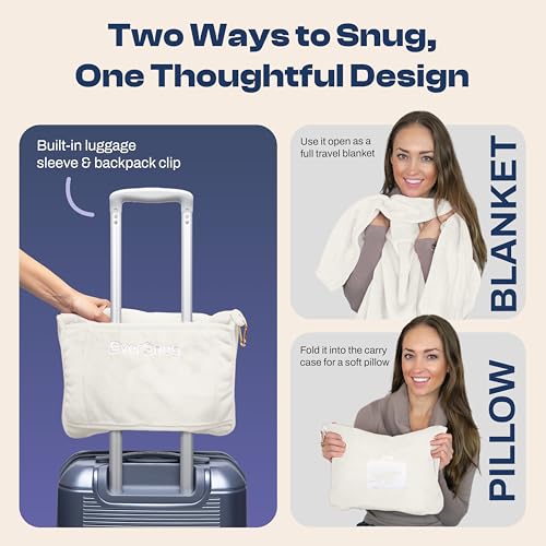 EverSnug Travel Blanket and Pillow - Ultra-Soft, Compact & Lightweight, 65x40 Inches, with Carry Case, Luggage Sleeve & Backpack Clip for Airplane Comfort (Off-White) - color: Off-white