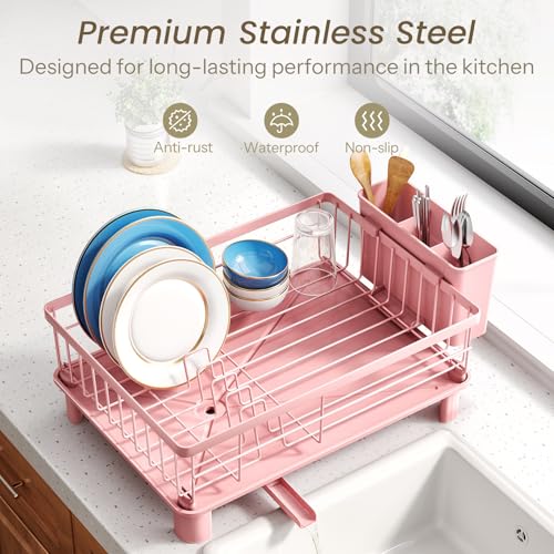SNTD Dish Drying Rack - Small Dish Rack for Kitchen Counter, Stainless Steel Dish Drainer with Utensil Holder and Drainboard, 11" W x 15" L (Pink) - color: Pink, size: 11" W x 15" L