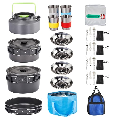 ROVSUN 34 pcs Camping Cookware Mess Kit, Lightweight Non-Stick Camping Cooking Pot and Pan Set with Stainless Steel Camping Gear Kettle Cup for Open Fire, Backpacking, Outdoor Cooking