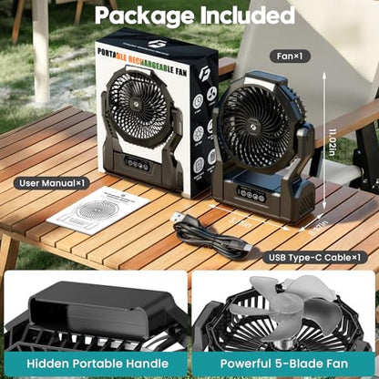 Camping Fan with 64H Runtime, Rechargeable Battery Powered Portable Fan with LED Light, Quiet Travel Tent Fan for Camping, Hurricane, Fishing, Indoor Outdoor, Gifts for Men Black