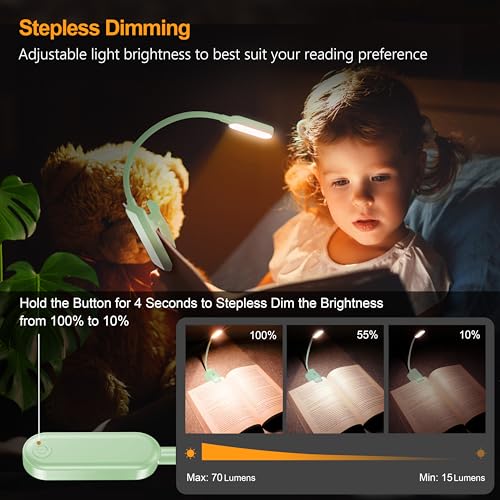 Gritin 16 LED Rechargeable Book Light for Reading in Bed- Eye Caring 3 Color Temperatures, Stepless Dimming Brightness, 80 Hrs Runtime, Lightweight Flexible Clip on Light for Book Lovers-Cyan | Eye Caring 3 Color Temperatures, Stepless Dimming Brightness,