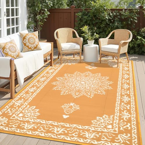 Yamaziot Outdoor Rug 5x8 Ft, Waterproof Plastic Straw Patio Rug, Reversible Backyard Carpet Portable RV Mat, Large Indoor Outdoor Rug for Patio, Porch, Deck, Balcony, Orange Yellow - color: Orange Yellow, size: 5 x 8 Feet