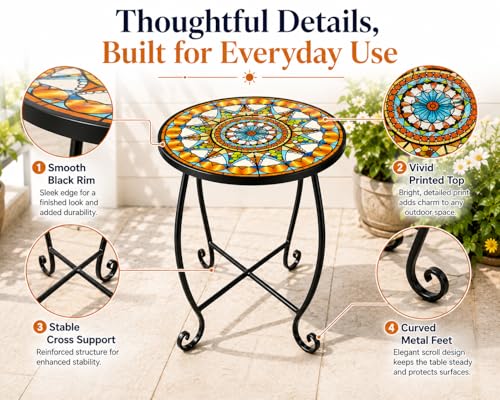 Mosaic Outdoor Side Table Round, 15 Inch Height - Small Patio Table, Foldable Sun Pattern Metal Plant Stand for Garden, Balcony, Porch & Camping - color: Sunburst