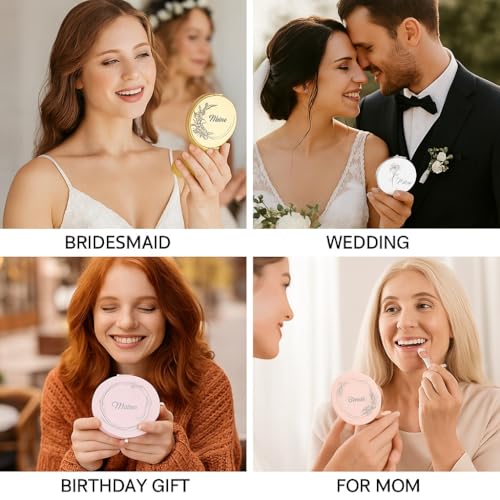 Personalized Compact Mirror for Women, Custom Laser Engraved Pocket Mirror, 1X/2X Magnifying Travel Makeup Mirror for Purse–Gift for Bridesmaid, Wedding, Birthday, Mom, Friend, Sister, Wife, Valentine