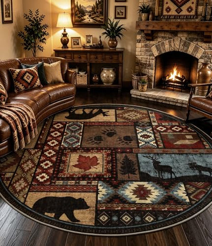 YIHOUSE Rustic Round Rug 6ft, Washable Circle Area Rug with Non-Slip Backing, Low Pile Soft Western Cabin Rugs for Living Room, Bedroom - color: Brown, size: 6' (Round)