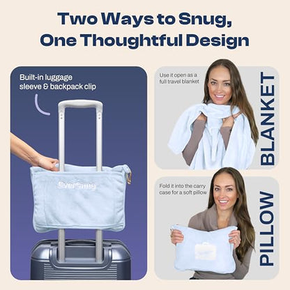 EverSnug Travel Blanket and Pillow - Ultra-Soft, Compact & Lightweight, 65x40 Inches, with Carry Case, Luggage Sleeve & Backpack Clip for Airplane Comfort (Ice Blue) - color: Ice Blue