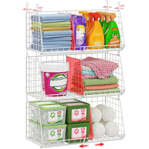 23.62” Extra-Long Under-Shelf Hanging Laundry Basket Organizer, 3-Pack Space-Saving Laundry Organizer, Fits Wire Shelving (Rod Diameter < 0.38”), Modular with Dividers for Custom Laundry Organization - color: White, size: 3-Pack 23.62*11*35.62inch