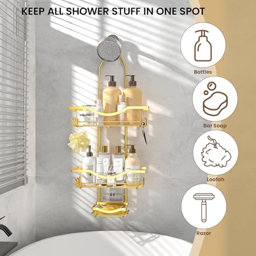 Shower Caddy Hanging Adjustable Shower Caddy, Rustproof Shower Organizer Extended Length Showers Caddy Over Shower Head with Hooks Soap Holder, Large Capacity Anti-Swing Bathroom Organizer, Gold - color: Gold