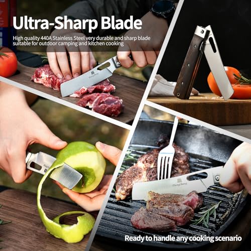 ZhengSheng Folding Chef Knife with Leather Pouch 4.8" Sharp 440A Stainless Steel Blade Wooden Handle Pocket Foldable Japanese Style Kitchen Knife for Outdoor Camping Cooking. - color: #5 Natural wooden Handle - Leather Pouch