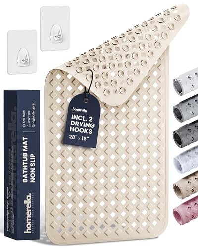 Bathtub Mat Non Slip 28x16 - homerella® Bath Mat Incl. Hooks for Drying, 100% BPA Free, Shower Mat Non Slip Anti Mold, Machine Washable, Shower Mats for Inside Shower Mildew Resistant (Sand) - color: Sand, size: 27.6" x 15.7" (Rectangular)