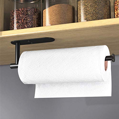 VAEHOLD Adhesive Paper Towel Holder Under Cabinet Wall Mount for Kitchen Paper Towel, Black Paper Towel Roll Holder Stick to Wall, Stainless Steel（Black） - color: Black