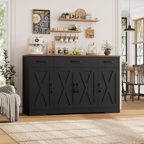 HOSTACK Buffet Sideboard Cabinet with Drawers, 55" Large Buffet Storage Cabinet with Shelves and Doors, Modern Farmhouse Coffee Bar Station for Kitchen, Dining Room, Black/Rustic Brown - color: Black/Rustic Brown