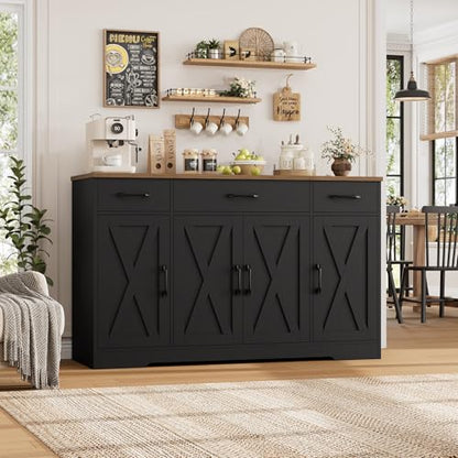 HOSTACK Buffet Sideboard Cabinet with Drawers, 55" Large Buffet Storage Cabinet with Shelves and Doors, Modern Farmhouse Coffee Bar Station for Kitchen, Dining Room, Black/Rustic Brown - color: Black/Rustic Brown
