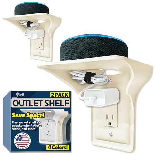 Power Perch Outlet Shelf Organizer for Alexa Echo Dot, HomePod Mini Speaker, Phone - Wall Outlet Holder with Cord Storage Strap - Socket Shelf Bathroom Kitchen Counter Charging Station - Almond 2 Pack - color: Almond, size: Single Outlet 2 Pack