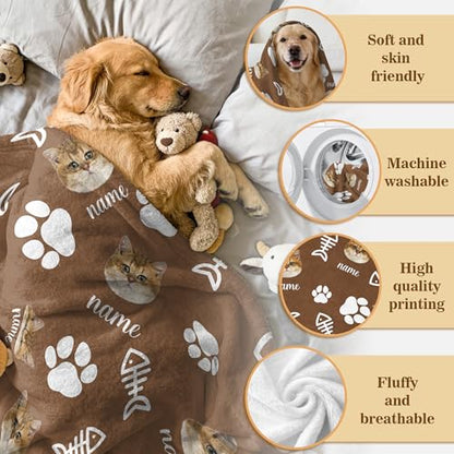 Personalized Cat Face Blanket with Paw Bones, Custom Pet Memorial Blankets, Personalized Cats Blankets with Name Face, Customized Throw Blanket Gifts for Pet Lovers Cat Dad Mom - color: Design11