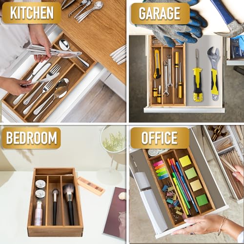 Acacia 4 Slot Silverware Drawer Organizer - Cutlery Holder with Flatware Tray - color: Acacia, size: 4 Slots