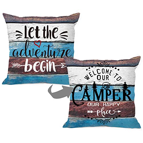 Rustic Welcome to Our Camper Let The Adventure Begin Throw Pillow Cover Pillowcase 18x18 Inch (Reversible) Decor, Camping Rv Farmhouse Sofa Bed Bedroom Home Decoration