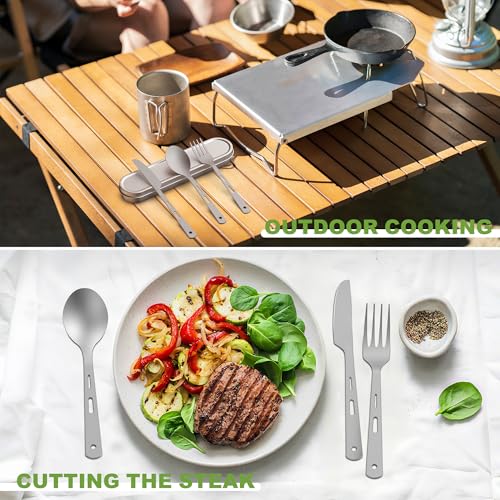 Pure Titanium Travel Utensils with Case, Ultra-Light Ti Portable Champing Essential Cutlery Set, Knife Fork Spoon Reusable Flatware Sets for Camping Picnic Outdoor Hiking, Lunch Box for Men