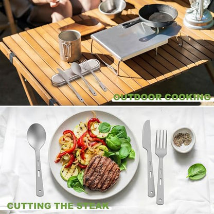 Pure Titanium Travel Utensils with Case, Ultra-Light Ti Portable Champing Essential Cutlery Set, Knife Fork Spoon Reusable Flatware Sets for Camping Picnic Outdoor Hiking, Lunch Box for Men