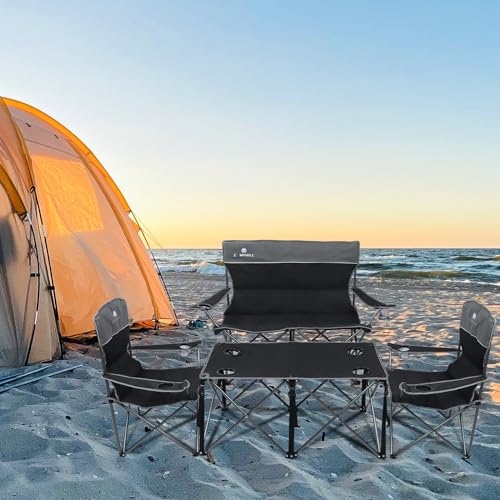 Camping Chair Set of 3, Outdoor Folding Camping Chairs for Heavy People with Cup Holder & Carry Bag,Collapsible Chair Include One Sofa Chair and Two Single Chair,Support up to 500lbs - color: Black-4pcs