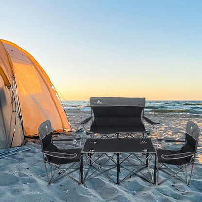 Camping Chair Set of 3, Outdoor Folding Camping Chairs for Heavy People with Cup Holder & Carry Bag,Collapsible Chair Include One Sofa Chair and Two Single Chair,Support up to 500lbs - color: Black-4pcs
