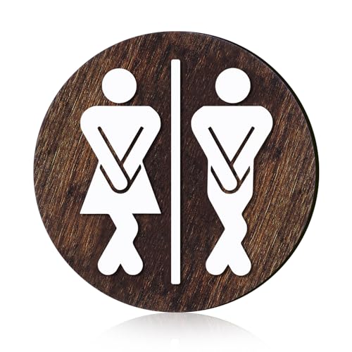 Jetec Restroom Signs Wooden Half Bathroom Sign Funny Cute Unisex Restroom Sign for Rustic Farmhouse Office Business Bathroom and Toilet Door Wall Decor, 7.9 x 7.9 Inch(Brown, White) - color: Brown, White