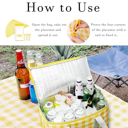 Insulated Picnic Bag with Leakproof Liner Foldable Reusable Cooler Basket Includes Disposable Picnic Mat Sturdy Handle Ideal for Outdoor Activities Travel Beach Camping (Yellow) - color: Yellow