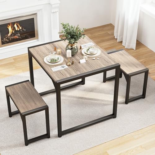 Gizoon Dining Table Set for 2, Kitchen Table Set for 2 with Steel Frame, Kitchen Table with 2 Benches for Small Space, Space Saving Design for Restaurant, Living Room, Grey - color: Grey, size: seat for 2