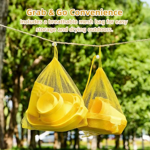 Dinnerware Set for 4, 21-Piece Unbreakable Plates and Bowls Set with Mesh Bag, Cups, Sauce Dishes and Serving Platters, Lightweight Outdoor Dish Set for Picnic, RV, Patio, BBQ, Mustard Yellow - color: Mustard Yellow