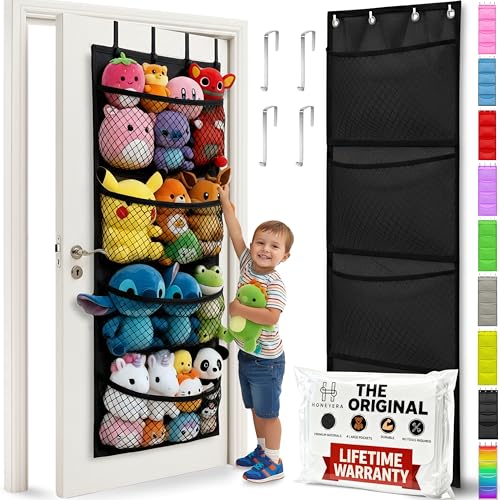 Honeyera The Original Stuffed Animal Storage (Patented) - Over Door Organizer for Stuffies, Toy Plush/Hammock Baby Hanging Storage Net Big Girls Toddler Large Bag Animals (Black) - color: Black
