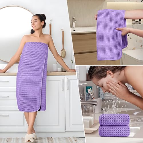 POLYTE 430 GSM Microfiber Quick Dry Lint Free Oversize Bath Towel Set, 6 Piece (Waffle Weave) - color: Purple
