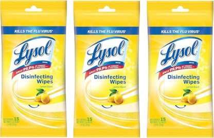 Lysol Disinfecting Wipes To-Go Pack, Lemon Scent, 15 Count (Pack of 3)