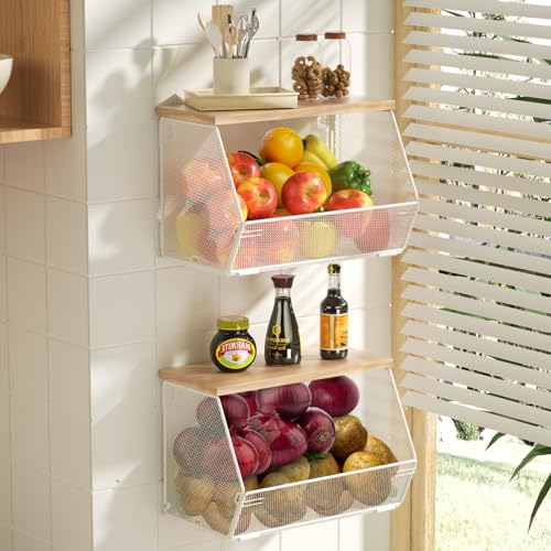 2 Tier Fruit Basket for Kitchen Counter, Stackable Onion and Potato Storage Basket, Wall Mounted Wire Basket with Wood Lid, Hanging Kitchen Storage Vegetable Organizer, 11.8 x 7.1 x 8.6 Inch - color: White, size: 2 x Large