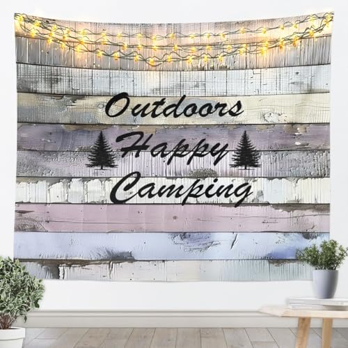 Erosebridal Camper Decor Rural Tapestry for Bedroom | Outdoor Happy Camping Wall Tapestry Aesthetic Farm House Pine Tree Tapestries Medium 59x59, Vintage Countryside Wood Board Hanging Wall Art - color: Black, size: 59.1"L x 59.1"W