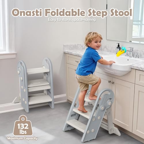 Onasti Adjustable Toddler Step Stool with Handles, Converts from 3-Step to 2-Step as Kids Grow, Non-Slip Safety Stool for Bathroom Sink, Kitchen Counter, Potty Training and Everyday Household Use-Grey - color: Silver Grey