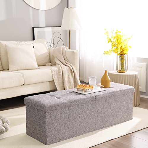 45.3 Inches Foldable Seat Footrest Shoe Bench End of Bed Storage with Flipping Lid, 166L Upholstered Tufted Bench, Linen Fabric Grey - color: Light Grey, size: 45.3" Flip