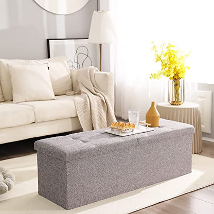 45.3 Inches Foldable Seat Footrest Shoe Bench End of Bed Storage with Flipping Lid, 166L Upholstered Tufted Bench, Linen Fabric Grey - color: Light Grey, size: 45.3" Flip
