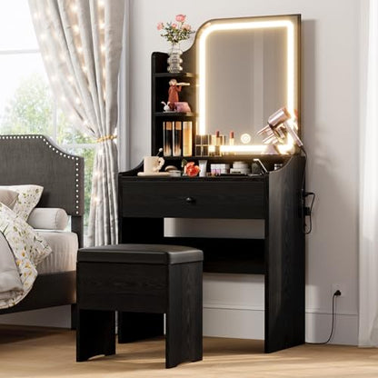 LIKIMIO Small Makeup Vanity Desk with Mirror and Lights, Vanity Table Set with Storage Drawer, Chair and Three Shelves, Bedroom, Black - color: Black