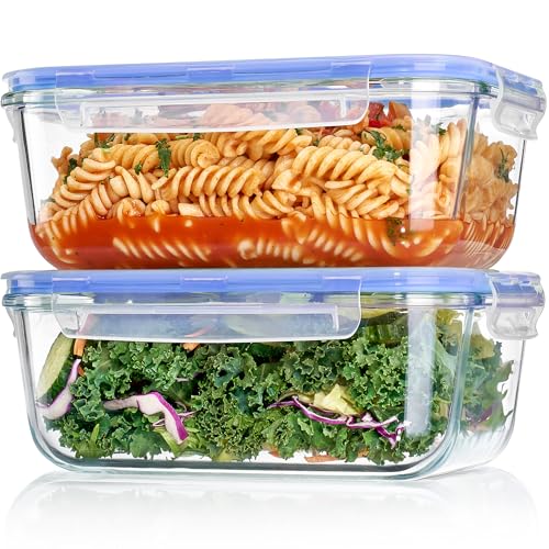 Vtopmart 2Pack 1860ml/63oz Large Glass Storage Containers with Lids, Meal Prep Food Container Set with Snap Airtight Lid for Baking, Microwave, Oven, Leak Proof, for Freezer, Dishwasher, Blue - color: Blue, size: 63oz